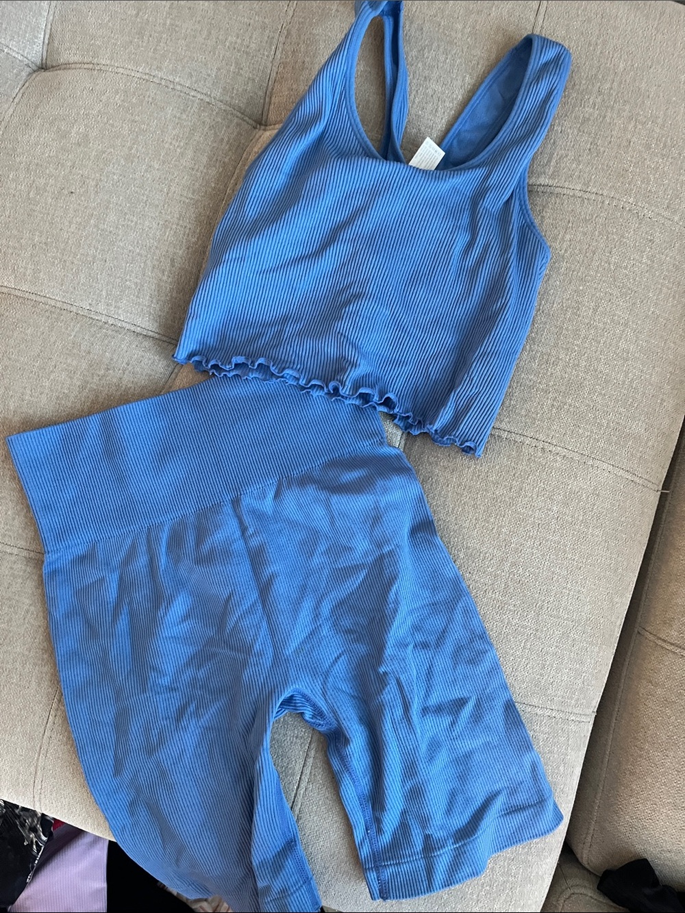 Ribbed Blue Active Two-Piece Set - Crop Tank & High-Waist Shorts